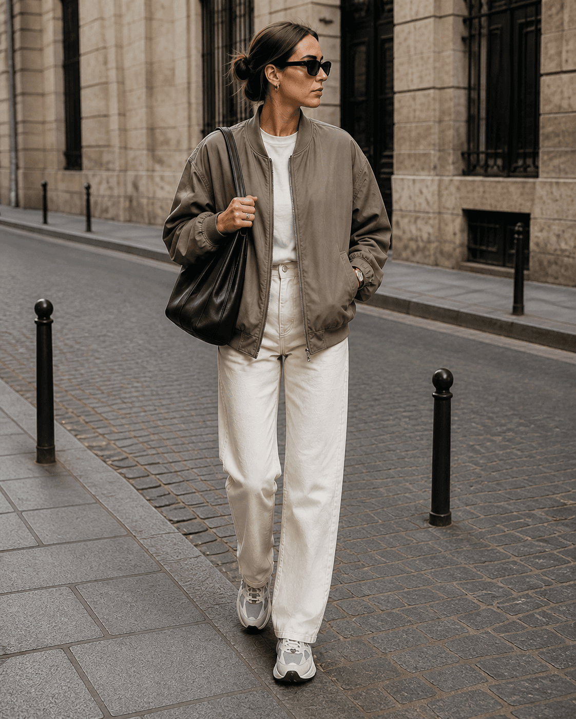 Look complet : bomber taupe, sac et baskets